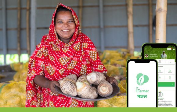 iFarmer PR the image shows a woman smallholder farmer in Bangaldesh who who is a customer of iFarmer. It alsoshows the iFarmer app that smallholder farmers in the country use